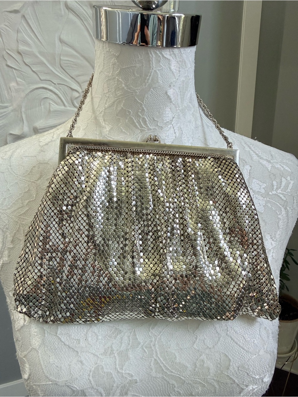 Vintage Whiting & Davis Silver Armor Mesh Evening Bag w/ Original Comb 1950s